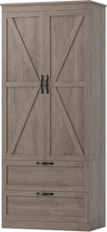 HOSTACK 70" Tall Kitchen Pantry Storage, Barn Doors Pantry Cabinet with Drawers and Adjustable Shelf, Modern Farmhouse Storage Cabinet for Kitchen, Dining Room, Living Room, Bathroom, Ash Grey