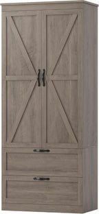 HOSTACK 70" Tall Kitchen Pantry Storage, Barn Doors Pantry Cabinet with Drawers and Adjustable Shelf, Modern Farmhouse Storage Cabinet for Kitchen, Dining Room, Living Room, Bathroom, Ash Grey