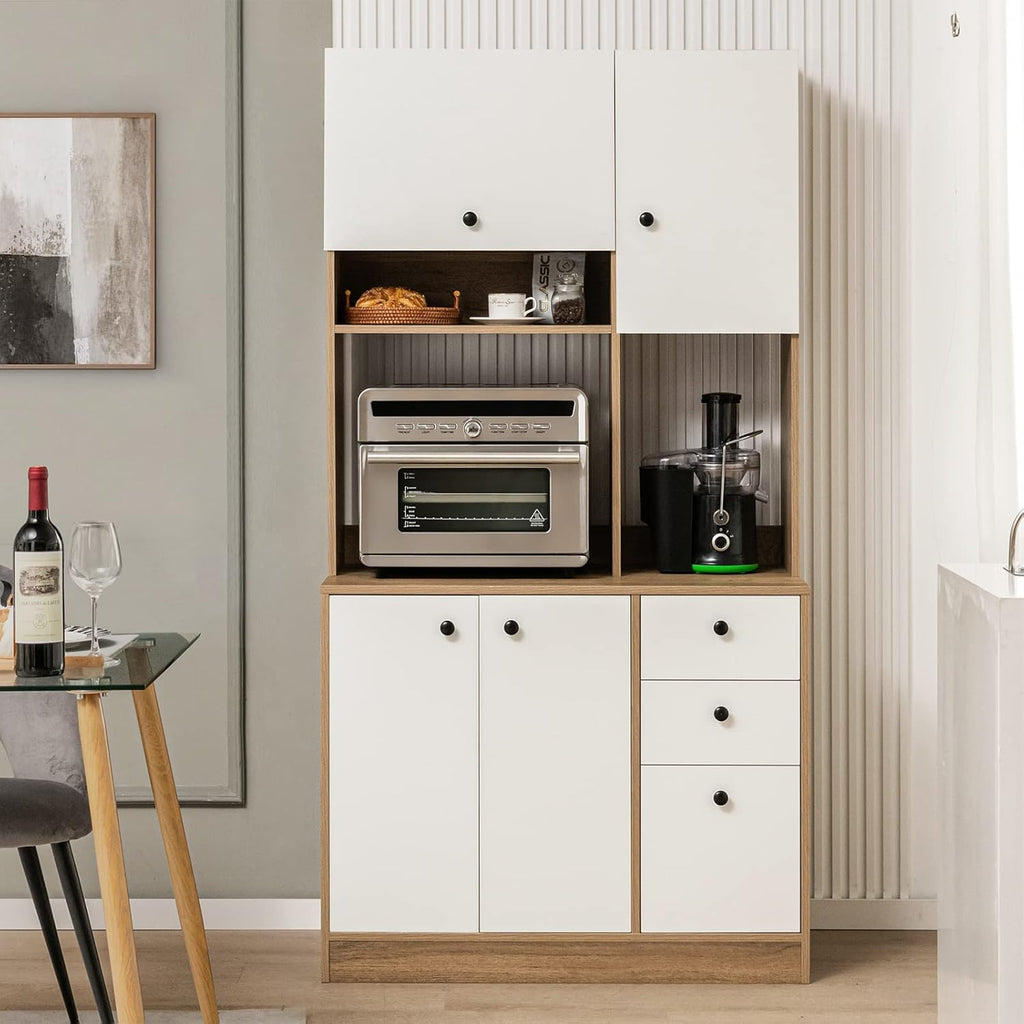 LOKO 71” Tall Kitchen Pantry Storage Cabinet, Freestanding Buffet Hutch with Doors, Adjustable Shelves, 3 Drawers and Microwave Stand, Kitchen Hutch for Dining Room, Living Room (White & Natural)
