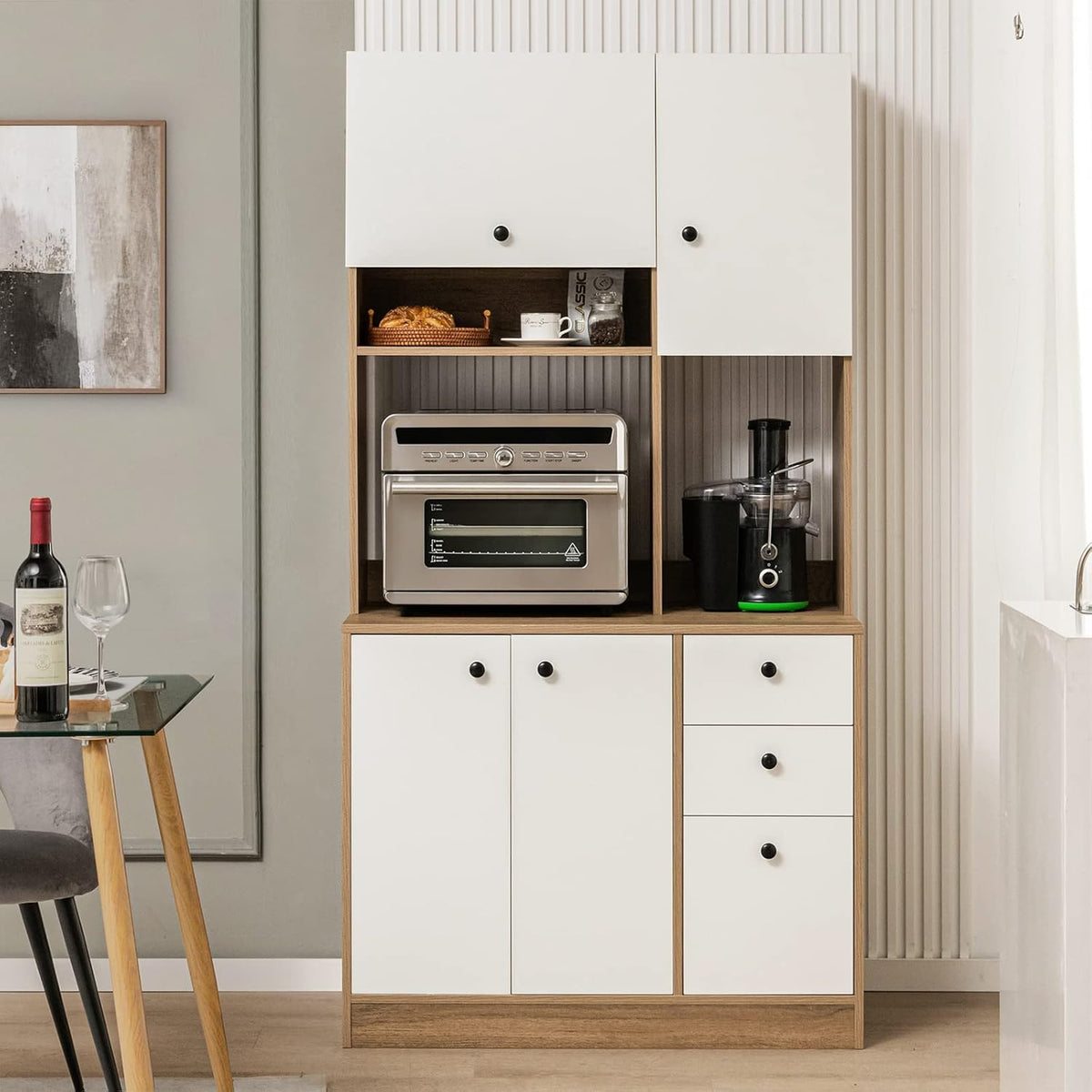 LOKO 71” Tall Kitchen Pantry Storage Cabinet, Freestanding Buffet Hutch with Doors, Adjustable Shelves, 3 Drawers and Microwave Stand, Kitchen Hutch for Dining Room, Living Room (White & Natural)