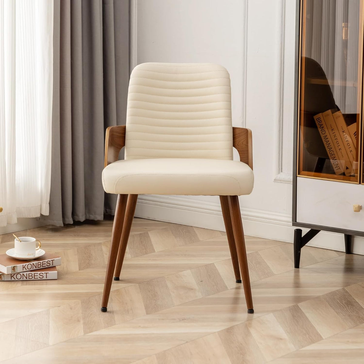 Dining Room Chairs,Mid Century Modern Kitchen Chair,Upholstered Faux Leather Accent Chairs,Metal Legs Wooden Desk Chair,Armless and No Wheels for Kitchen Dining,Beige PU,1PCS