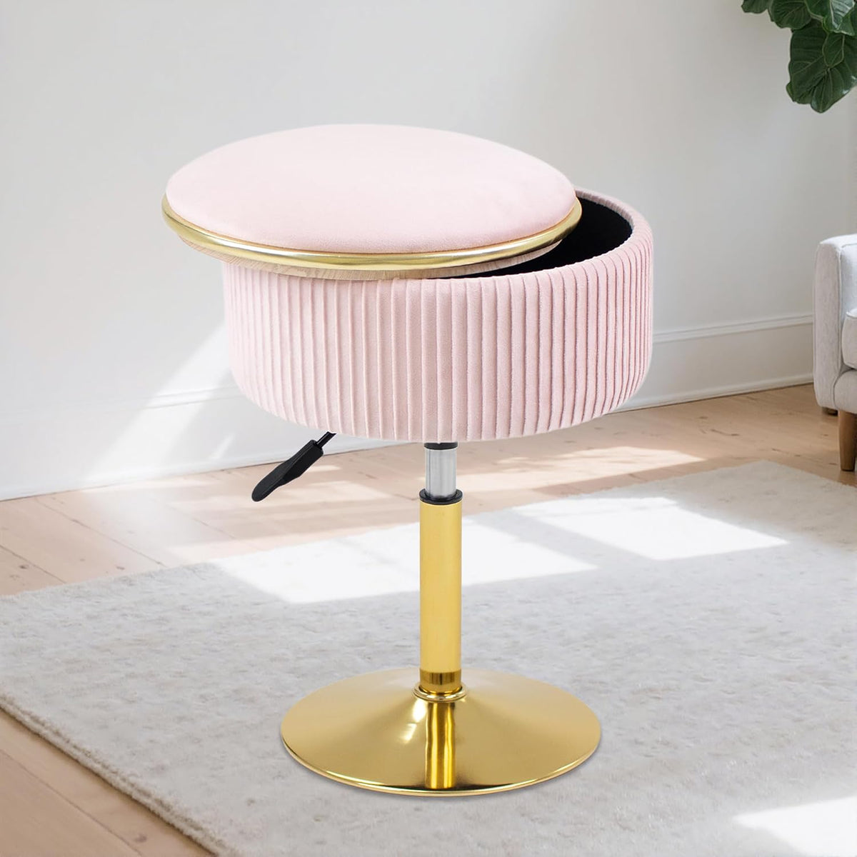 Adjustable Vanity Stool with Storage, 360° Swivel Makeup Stool Chair Small Velvet Round Ottoman with Gold Base for Bedroom, Pink