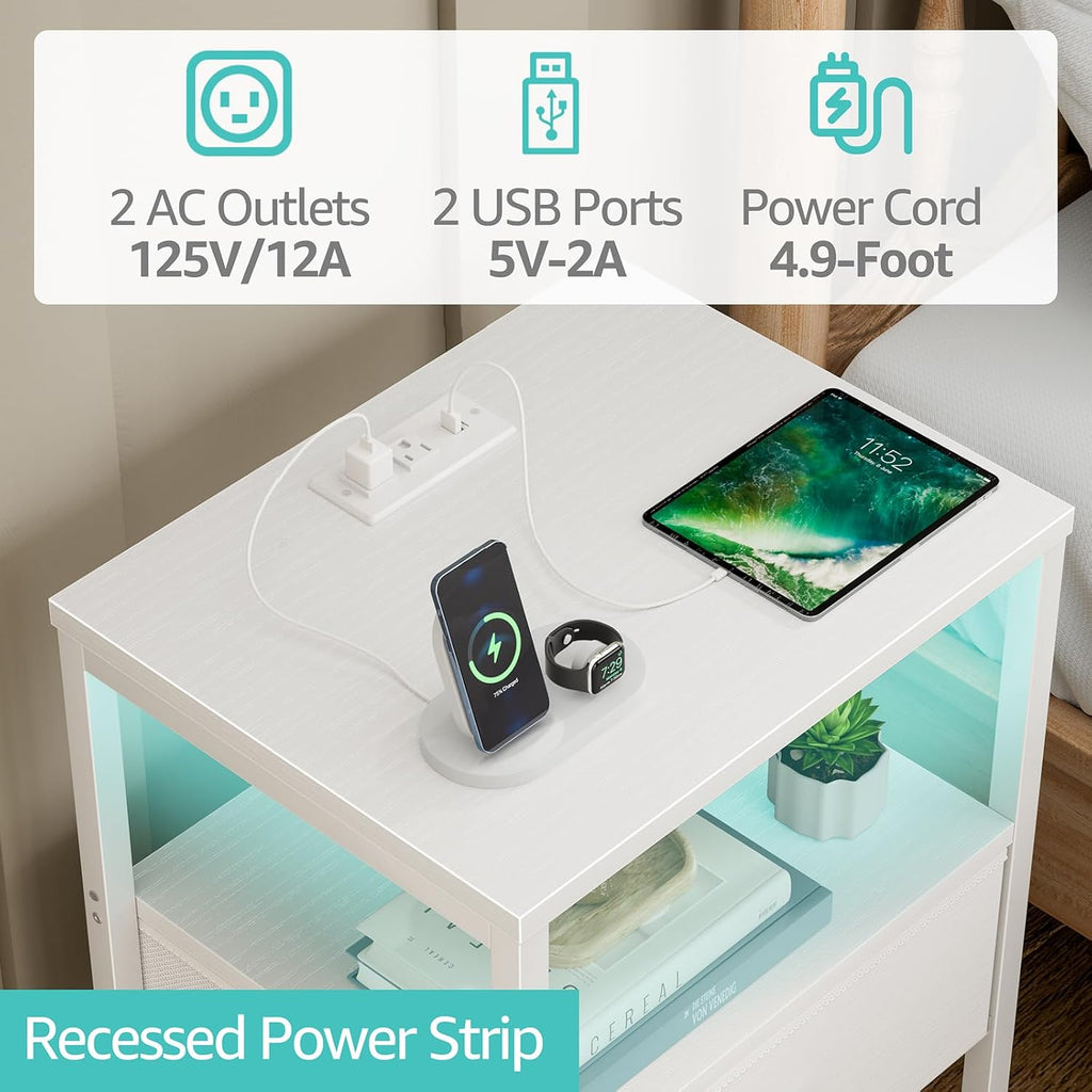 BOLUO White Nightstand with Charging Station, LED Night Stand with Fabric Drawers and Shelf, Bedside Table with USB Ports and Outlets, Bedroom Nightstand Modern