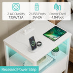BOLUO White Nightstand with Charging Station, LED Night Stand with Fabric Drawers and Shelf, Bedside Table with USB Ports and Outlets, Bedroom Nightstand Modern