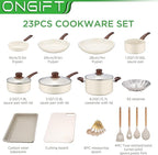 23 Pcs Pots and Pans Set Nonstick, Kitchen Cookware Sets, with Frying Pan, Saucepan, Saute Pan, Lightweight Cooking Set with Stay-Cool Wood Print Handles, NO PFAS and PFOA, Dark Wood