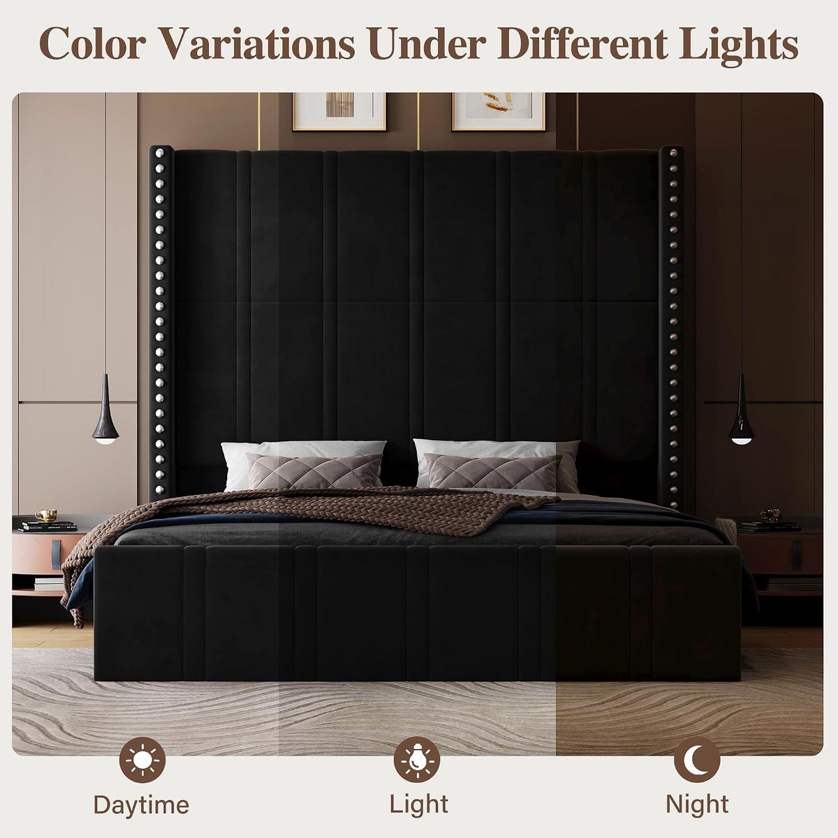 Queen Bed Frame with 65.75" Tall Headboard, Black