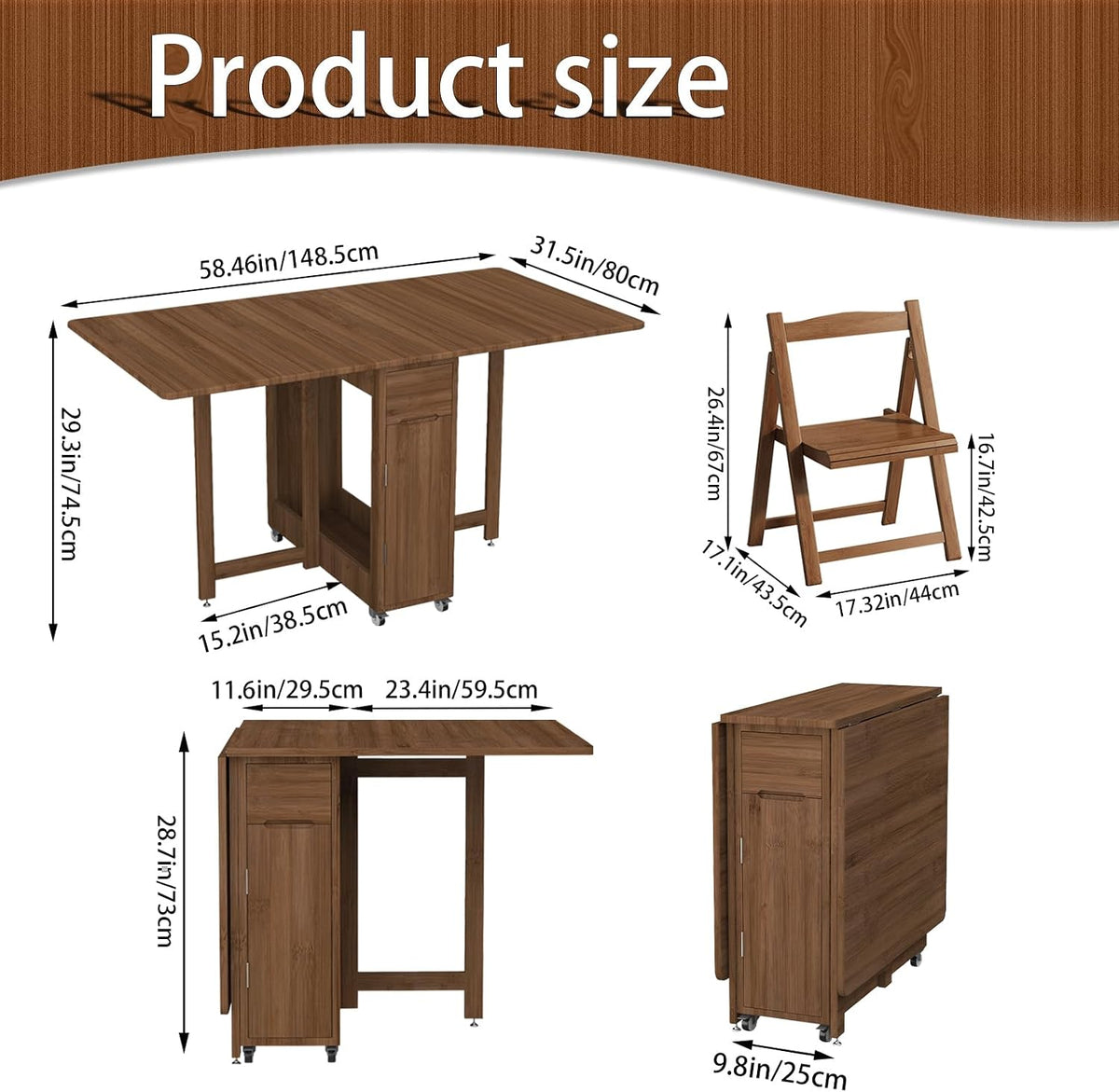 Folding Dining Table Set for 4, Foldable Kitchen Dinning Set with Chairs | Bamboo, Double Drop Leaf Devise, Inside of Dinner Table Can Store Fold Chairs, Assembly Free for Compact Apartment - Brown