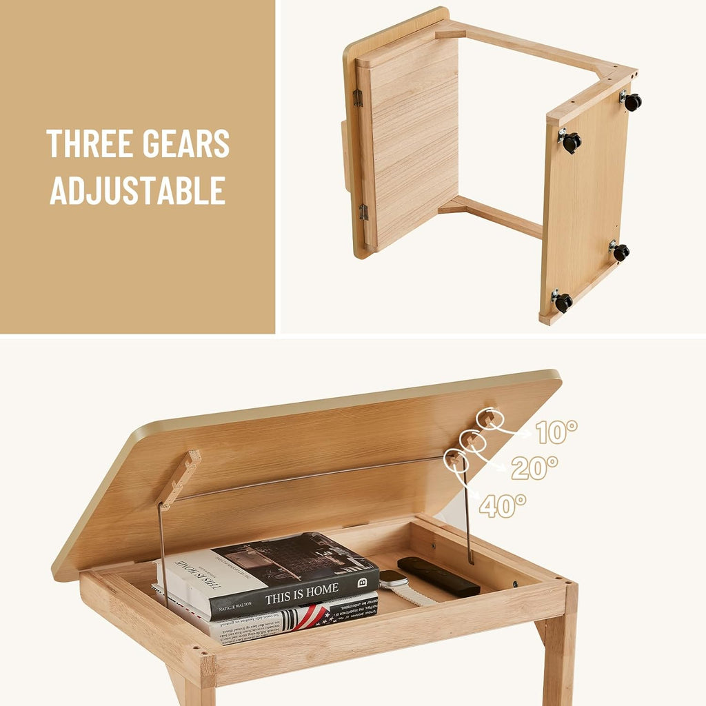 Uniclinens Rolling Side Table Desk Sofa - C Shape Couch End Table with Wheels, Mobile Wooden Slim Sofa Tray, Movable Small Couch Desk for Living Room Bedroom, Natural
