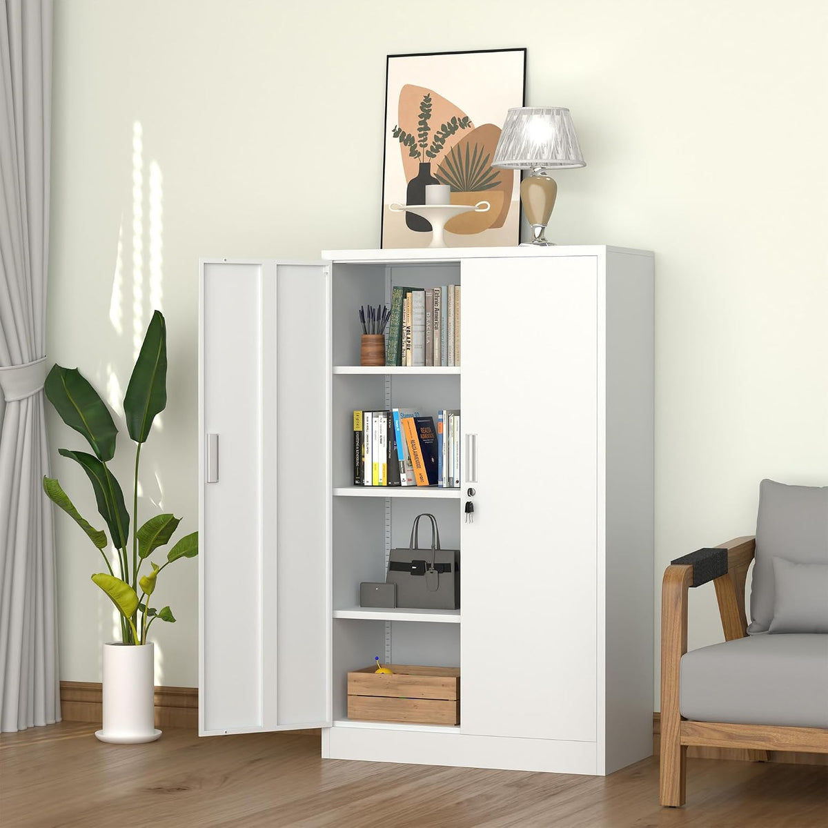 iJINGUR Metal Storage Cabinet with Locking Doors and Adjustable Shelves, 53.5-Inch Tall Lockable Storage Cabinets for Home Office Garage Kitchen Pantry (White)
