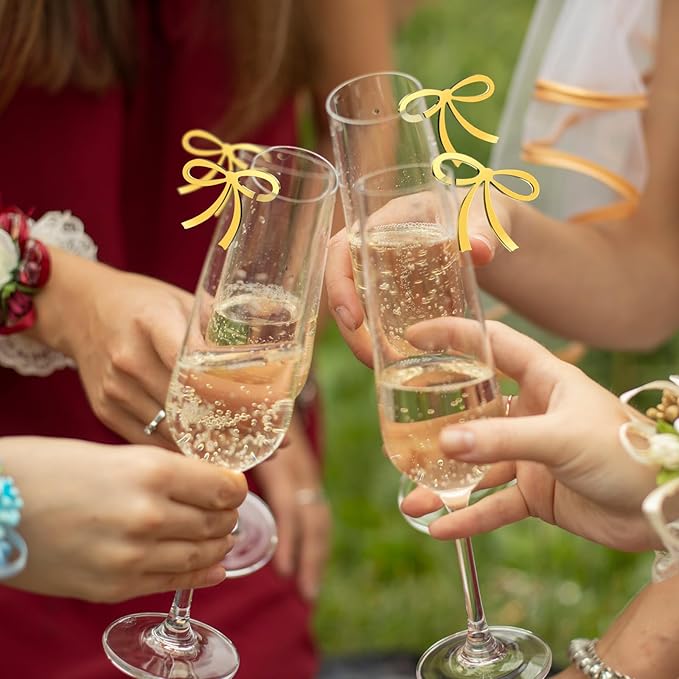 50 Pcs Bows Drink Tags Coquette Bow Wine Glass Charms Acrylic Bowknot Drink Tag for Bachelorette Birthday Wedding Coquette Tasting Party Decor Accessory(Gold)