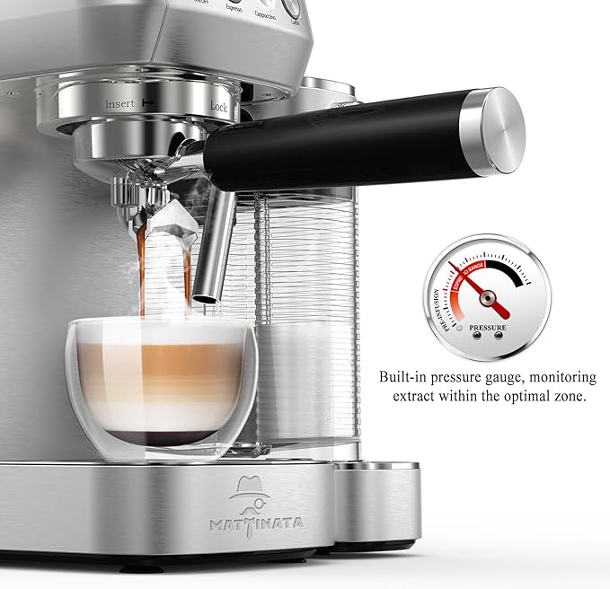 Cappuccino Coffee Machine with Automatic Milk Frother, Compact Espresso Machine with Pressure Gauge, Stainless Steel Cappuccino Maker with for Home, Office