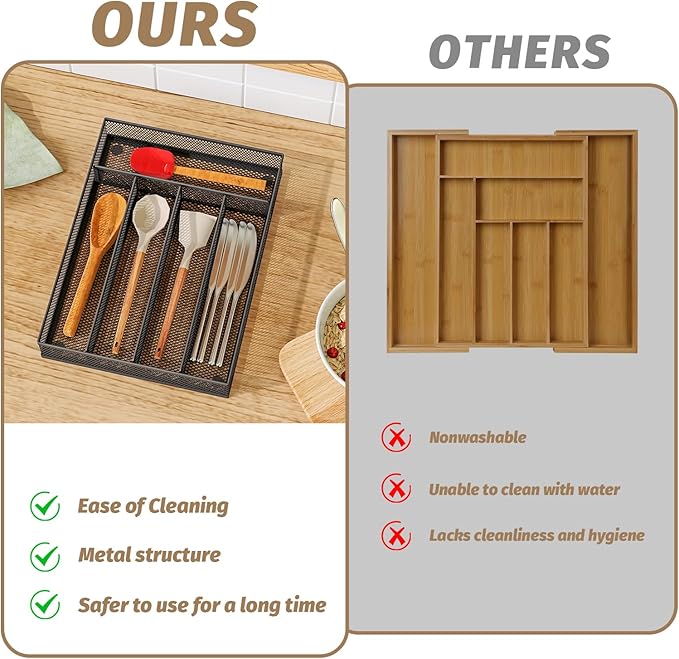 Silverware Organizer Metal Mesh, Small Drawer Organizer, Utensil Cutlery Tray for kitchen drawers, Flatware Organizer with 5 Compartment, Black(9.3"*12.6")