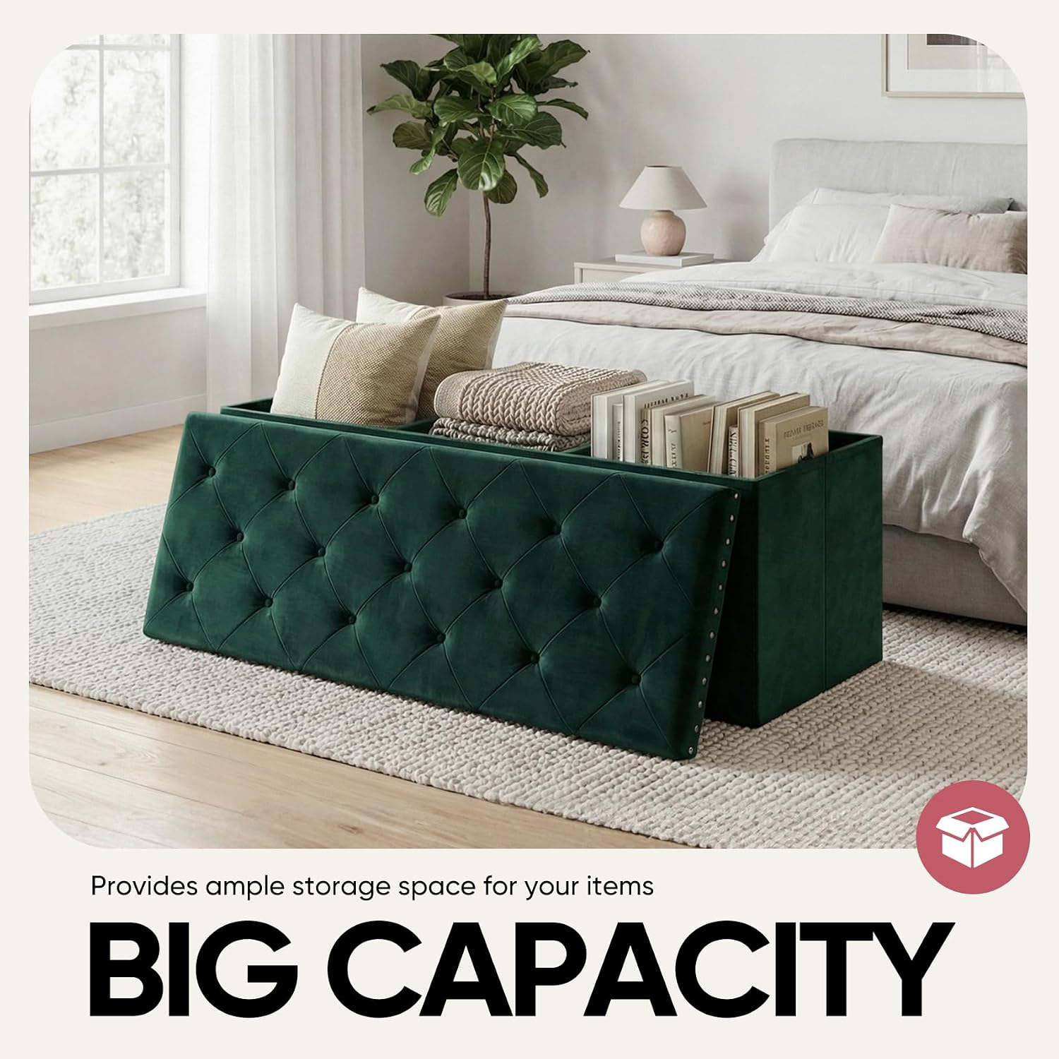 Storage Ottoman Bench, 43 Inches Folding Green Velvet Long Ottoman with Storage for Bedroom 43.7" L x 15.7" W x 15.7" H