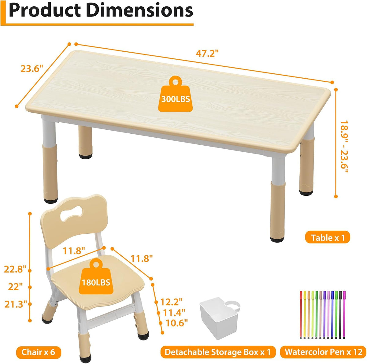 Toddler Table and Chair Set, Height Adjustable Kids Table and 6Chairs, Toddler Activity Table with Storage Boxes,Wipeable Graffiti Wood Grain Desktop,12Water Pens Included for Classroom, Natural Wood