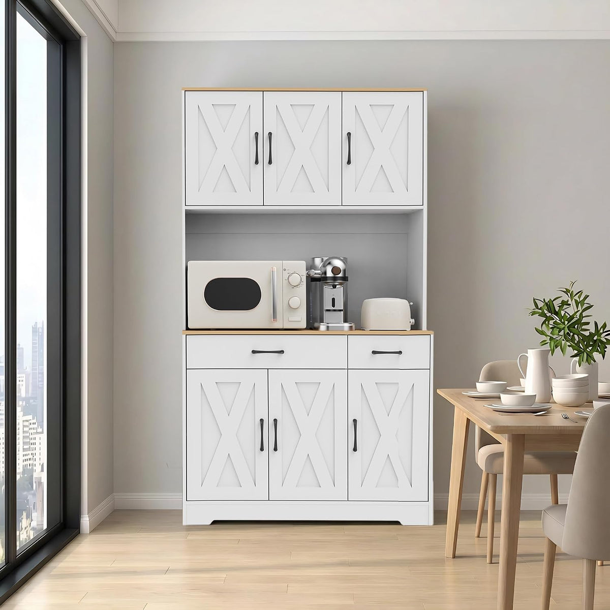 42" Tall Kitchen Pantry Storage Cabinet with Microwave Stand, with Charging Station, Farmhouse Food Pantry with Drawers for Living Room,Dining Room (White)