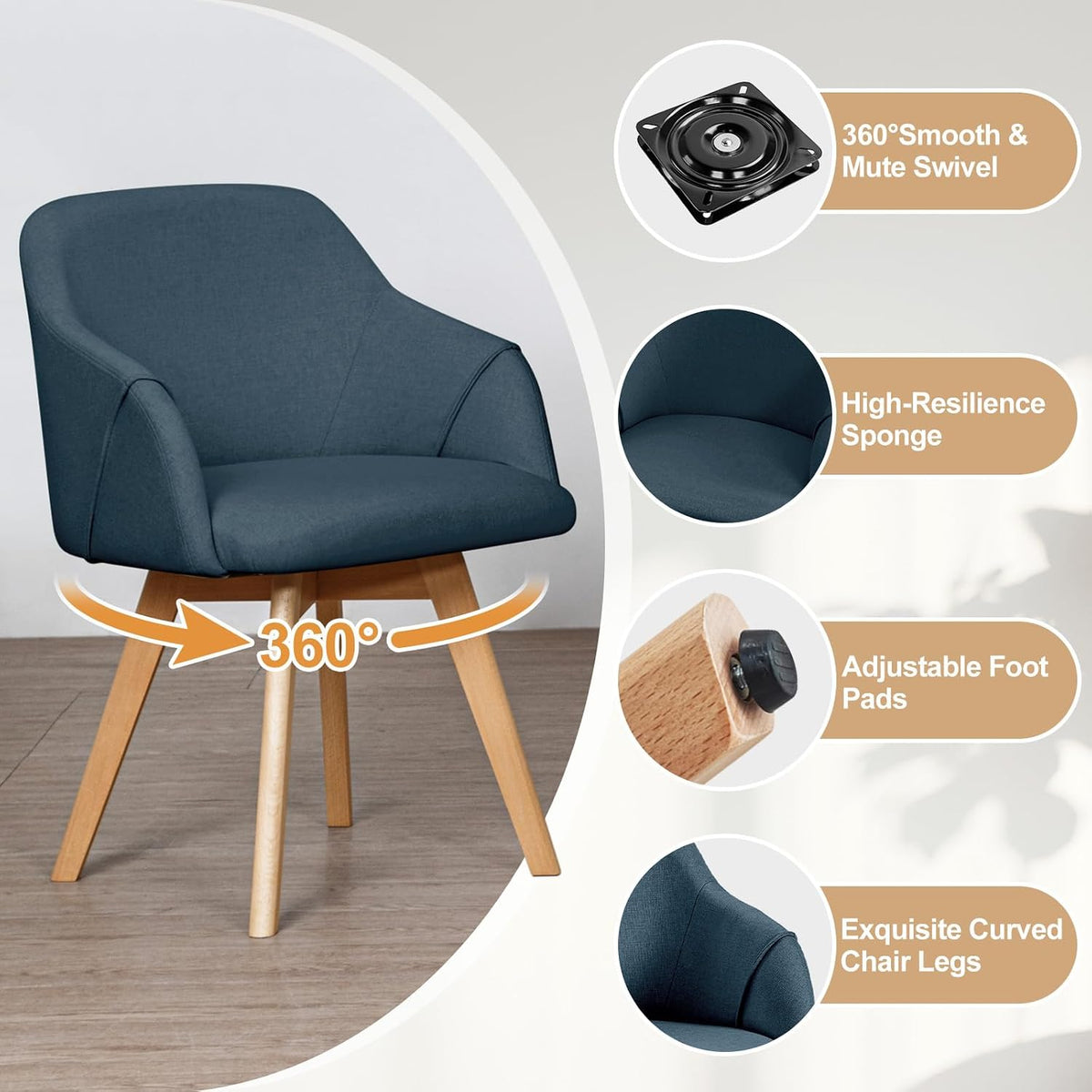 Swivel Dining Chairs Set of 2, Mid Century Modern Dining Chairs with Arms and Wood Legs, Linen Fabric Upholstered Kitchen Chairs for Dining Room Living Room, Comfortable Widen Seat, Blue