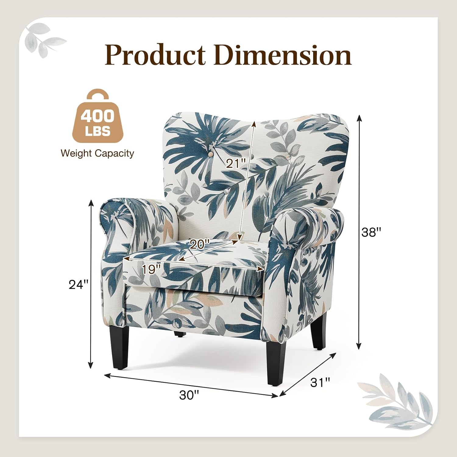 YOLENY Modern Accent Chair,High Back Armchair,Upholstered Fabric Button Single Sofa with Wooden Legs for Living Room,Bedroom,Blue Leaves