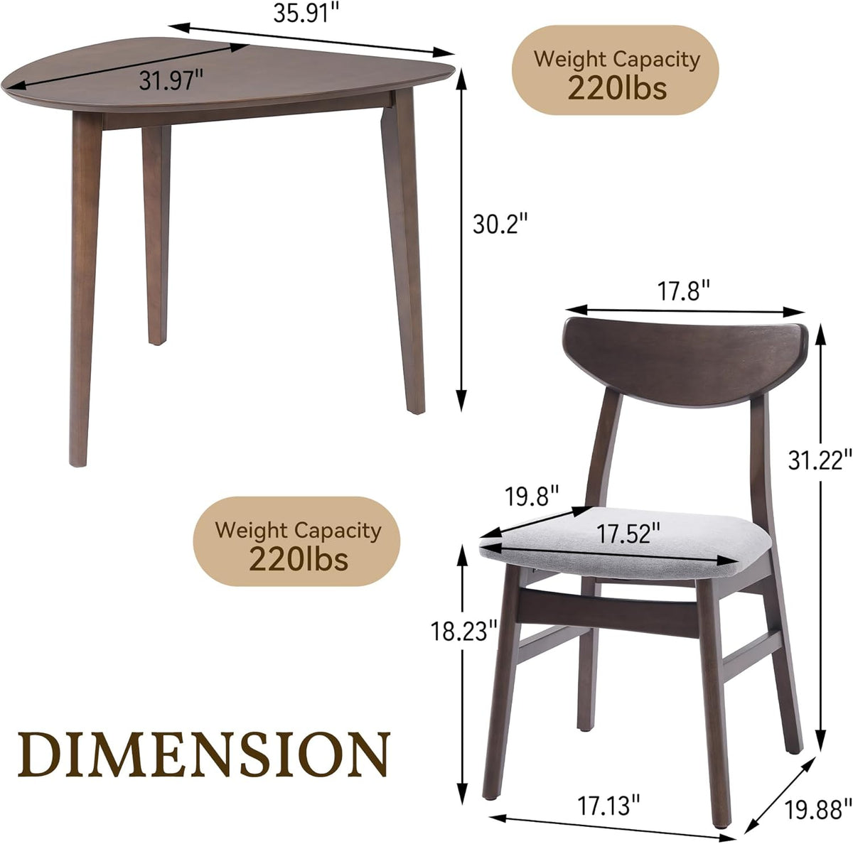 P PURLOVE Modern 3 Piece Table Set, Triangular Table and 2 Curved Wood Chairs for Living Room, Dining Room, Kitchen, Small Space, Minimalist Space-Saving (Brown and Grey)