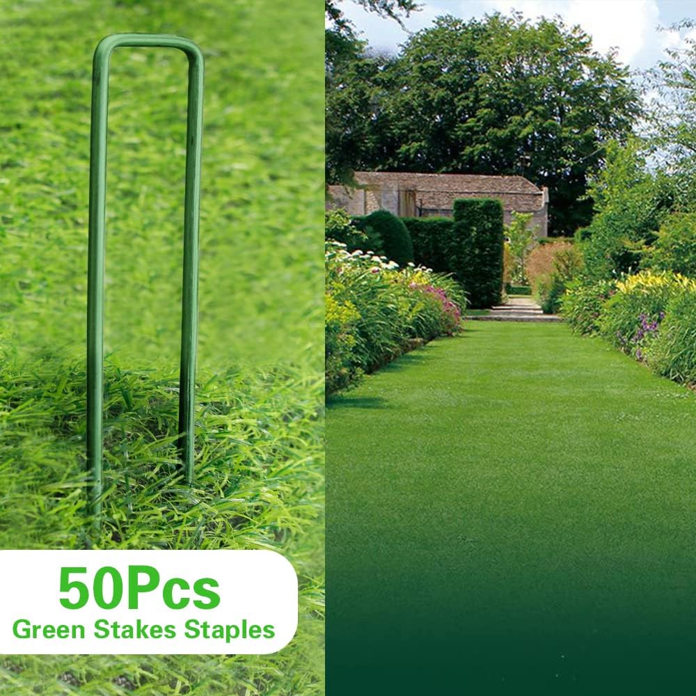 Bakulyor 50Pcs Green Landscape Staples 6 Inch Garden Artificial Turf Stakes Staples, 11 Gauge Lawn Galvanized Ground Fabric Pins for Weed Barrier Sod Decorations Holding Fence and Irrigation Tubing