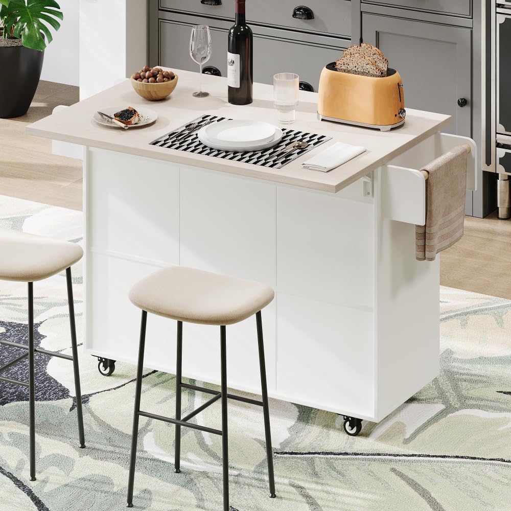 ZOEDO K&K Kitchen Island with Trash Can Storage Cabinet, Kitchen Cart with Drop Leaf, Spice Rack, Towel Rack and Drawer, Rolling Kitchen Island on Wheels with Adjustable Shelf, White