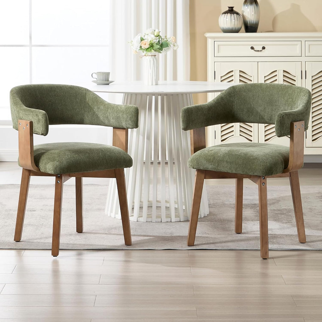 ROCITY Green Dining Chairs Set of 6 Upholstered Dining Room Chairs, Mid Century Modern Kitchen Chairs with Curved Backrest and Wooden Legs for Dining,Living Room
