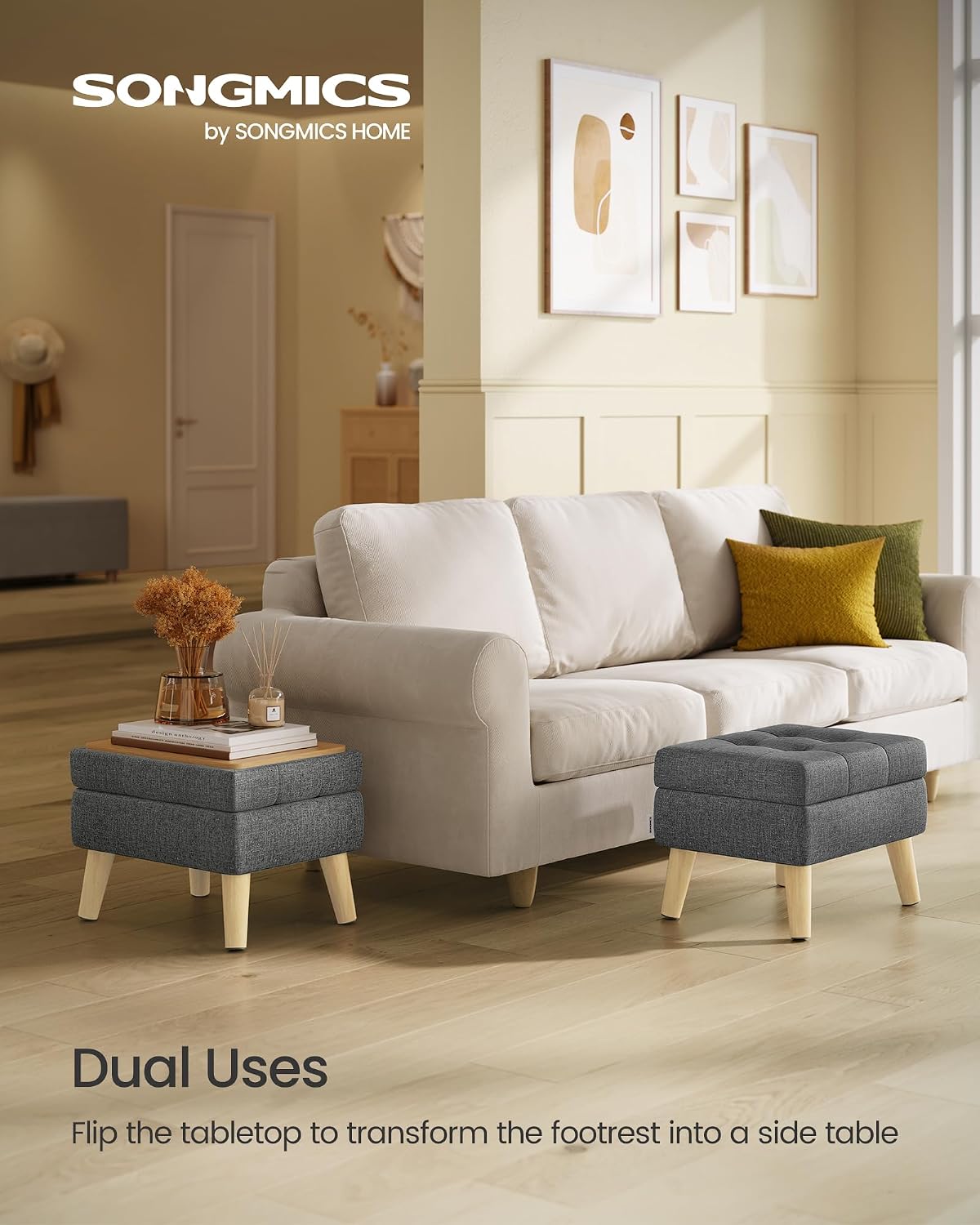 SONGMICS Storage Ottoman, Foot Stool, Ottoman with Padded Seat, Foot Rest with Wood Legs, Small Table, for Hallway, Living Room, 11.8 x 15.7 x 11.4 Inches, Linen-Look Fabric, Slate Gray ULOM517GN01