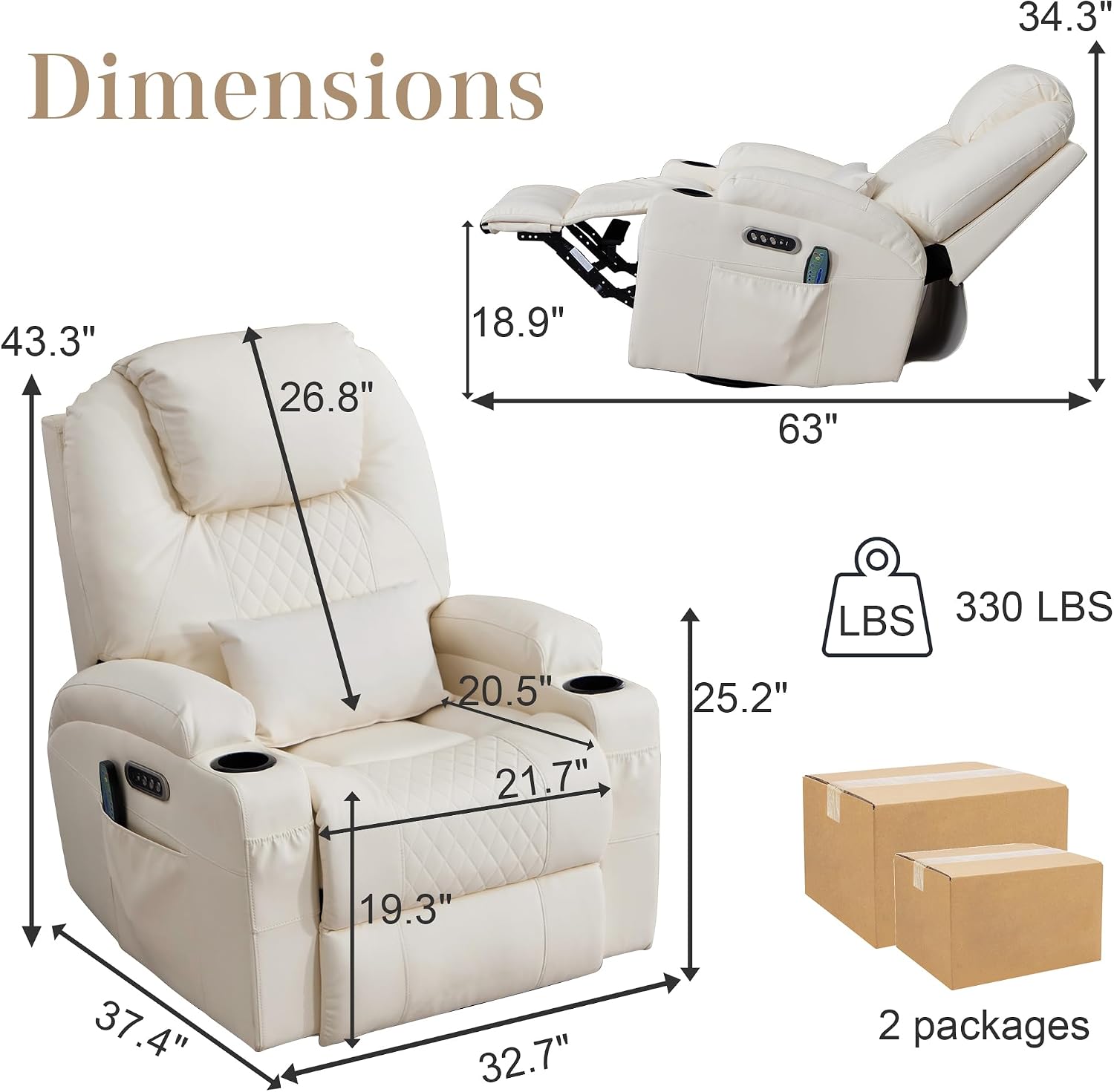 AHMED Dual Motor Power Swivel Rocker Recliner Chair, Faux Leather, Beige | Electric Glider Rocking Chairs, Massage & Heat, Cup Holders, LED Lights, USB A/USB C Ports