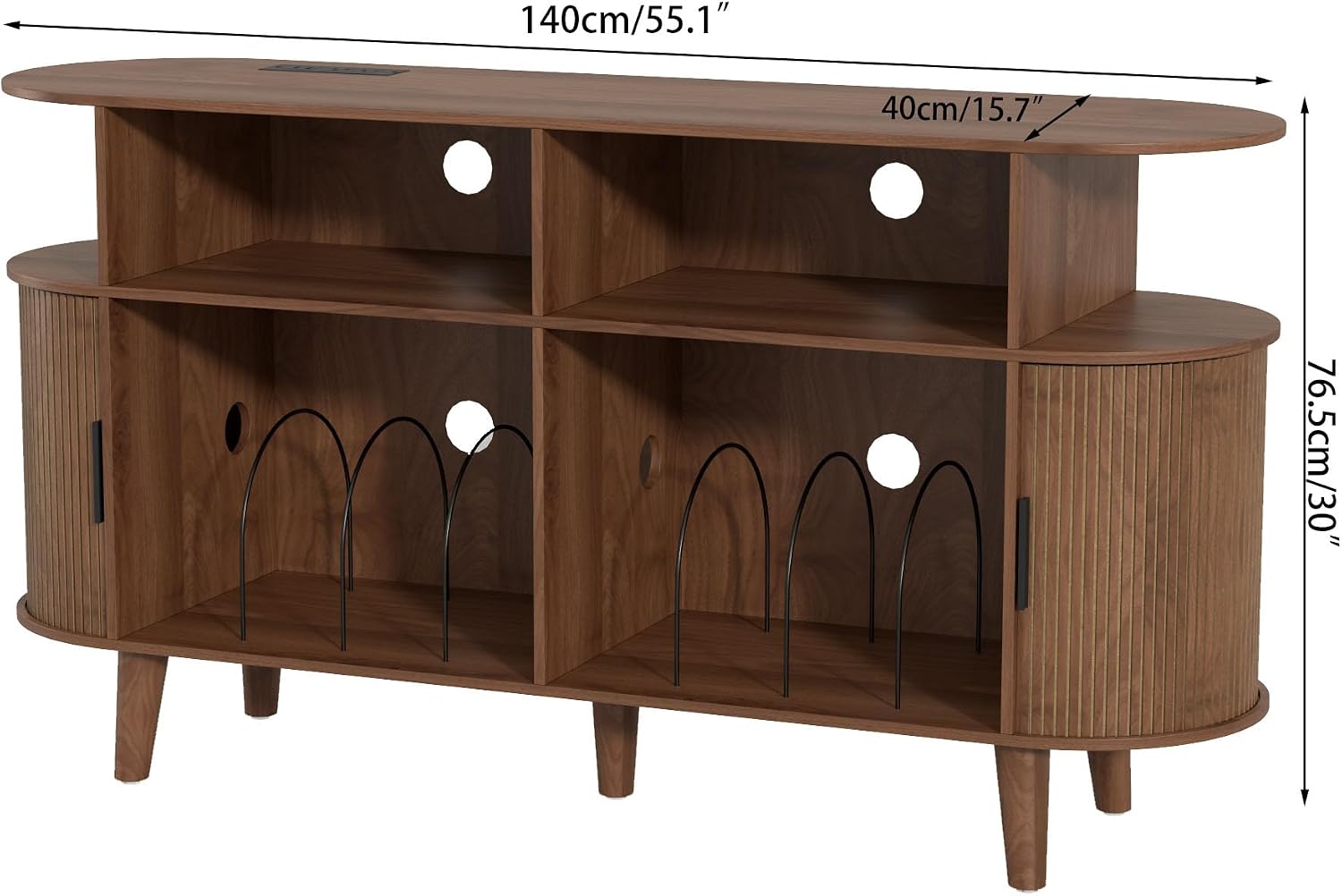 LUVIOHOME Large Round Record Player Stand with Charging Station & USB Ports | Record Storage Cabinet, Mid Century Modern Turntable Stand for Bedroom Living Room