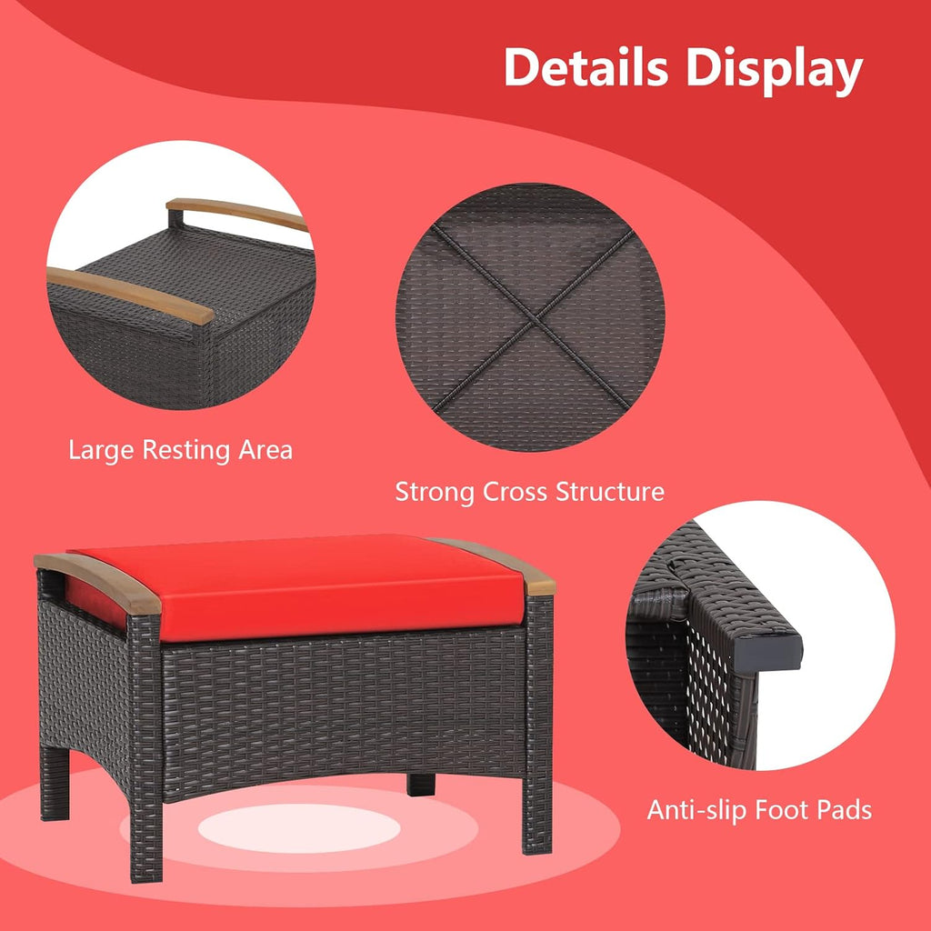 RELAX4LIFE Outdoor Wicker Ottomans for Patio - 2 Pieces PE Rattan Ottoman, Footrest Seat with Zippered Cushions, Acacia Wood Handles, 3-in-1 Footstool, Side Table for Poolside, Backyard (Red)