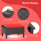 DORTALA Outdoor Ottoman Wicker 2 Piece, Square Patio Ottomans PE Rattan Foot Rest Footstool with Cushions for Couch, Chair, Red
