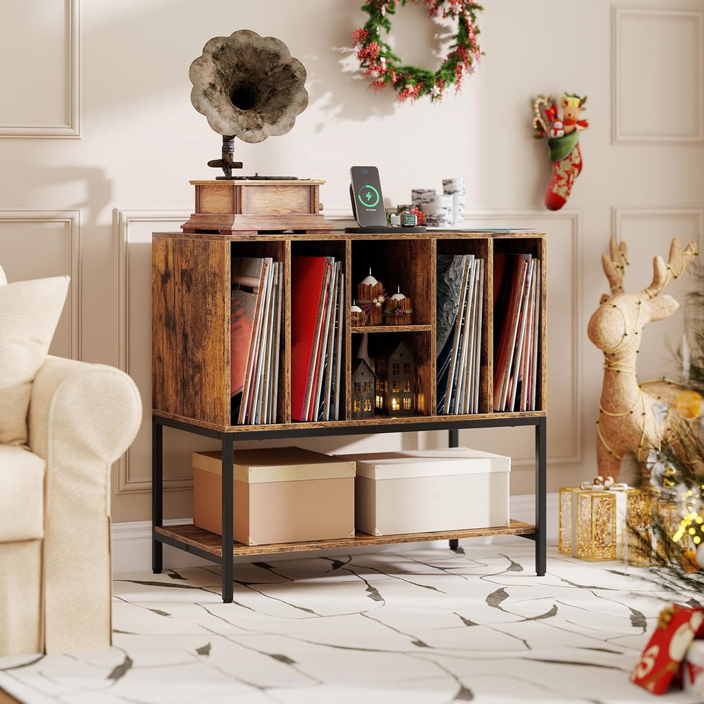 Giantex Record Player Stand with Charging Station, Turntable Stand with Storage Shelves Hold Up to 150+ Albums, Record Player Table with Metal Frame, Vinyl Record Storage for Music Living Room, Brown