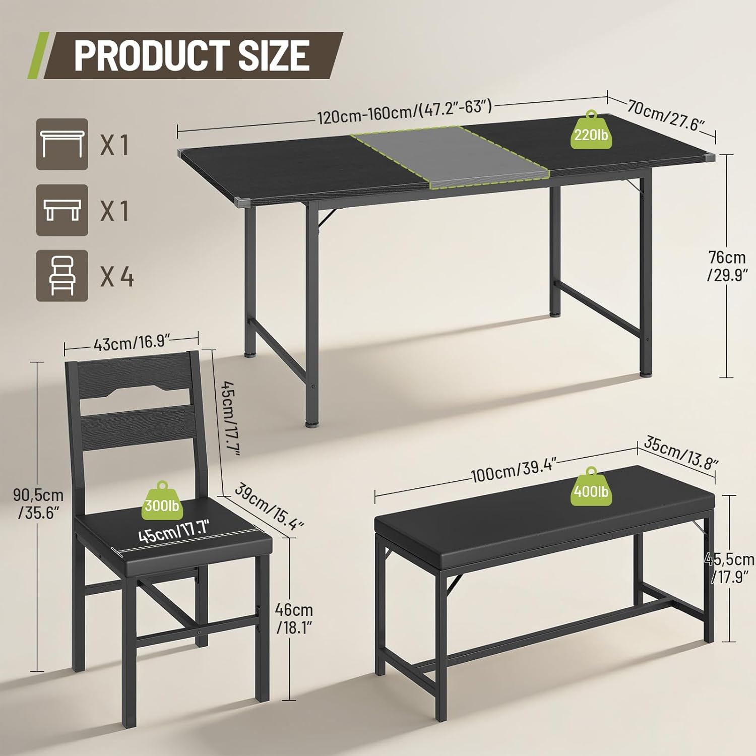 6-Piece Dining Table Set for 4-8, 63" Extendable Kitchen Table with 4 PU Upholstered Dining Room Chairs & Bench, Heavy-Duty Metal Frame, Space-Saving, for Small Space, Office, Kitchen, Black