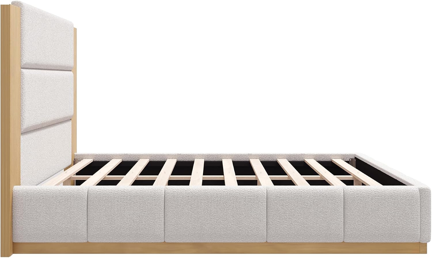 GDFStudio Queen Size Upholstered Platform Bed Frame with Extended Wood Headboard, 49'' Tall High Headboard Modern Bed Frame, Wood Plinth Base, No Box Spring Needed, Easy Assembly, White Boucle