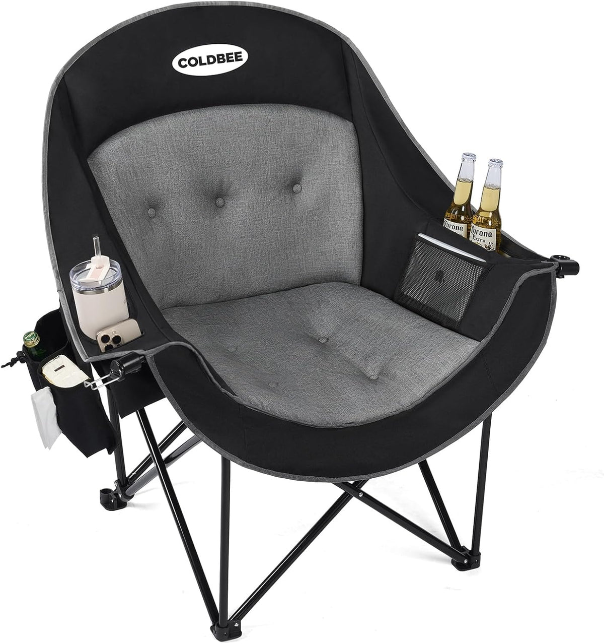 Coldbee Oversized Camping Chairs for Adults - Heavy Duty Padded Folding Lawn Chairs with Cup Holders & Cooler Bag, Comfy Outdoor Chair for Picnic, Beach, Fishing (Black)