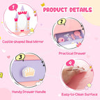 Costzon Kids Vanity Set, Girls Vanity Set with Mirror and Stool, Princess Makeup Dressing Table with Drawer, Growth Chart, Floating Shelves, Kids Vanity Table and Chair Set, Pink
