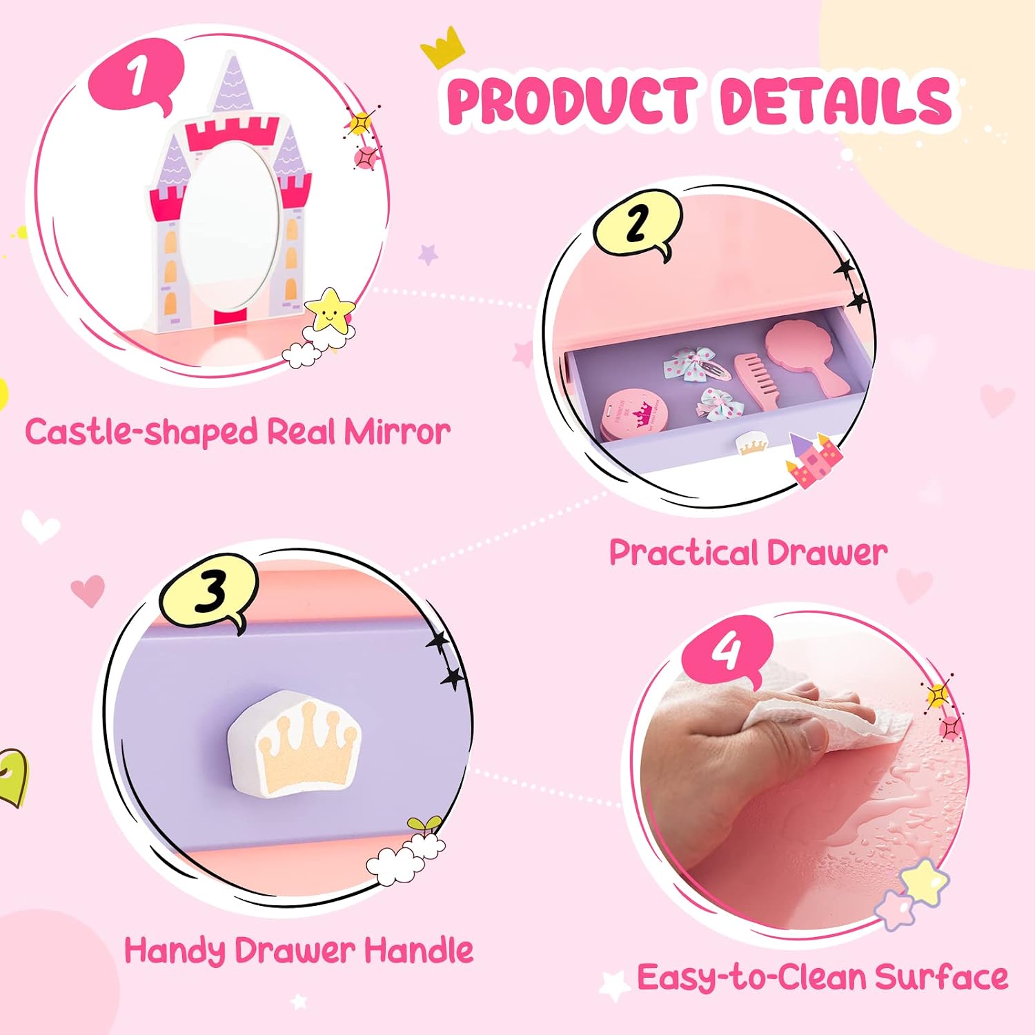 Costzon Kids Vanity Set, Girls Vanity Set with Mirror and Stool, Princess Makeup Dressing Table with Drawer, Growth Chart, Floating Shelves, Kids Vanity Table and Chair Set, Pink