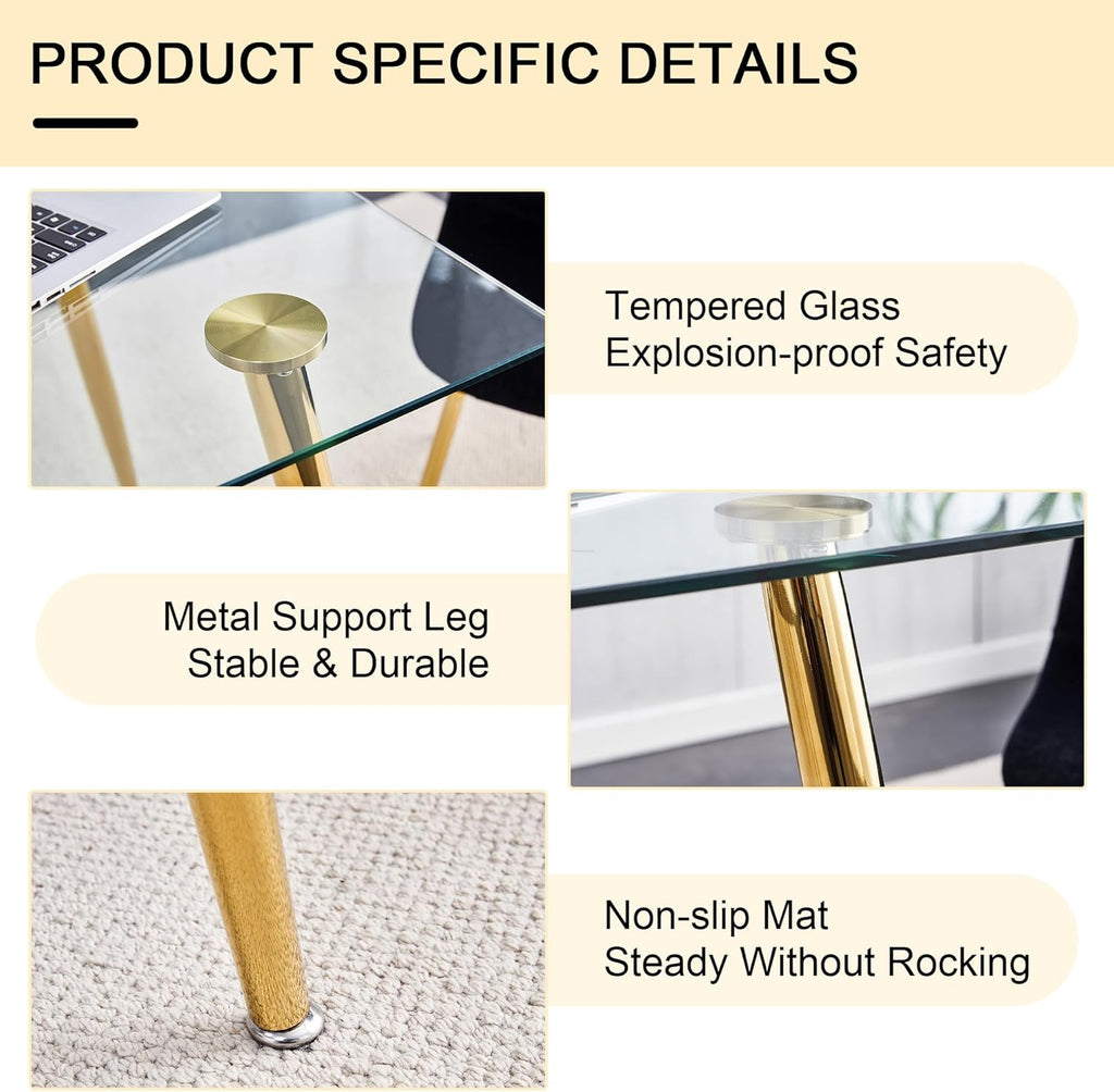 Baysitone 63" Glass Dining Table Set for 4, 5 Piece Modern Dining Room Set, Rectangular Glass Kitchen Table with 4 Upholstered Velvet Chairs, for Kitchen, Home, Small Spaces(Black&Gold)