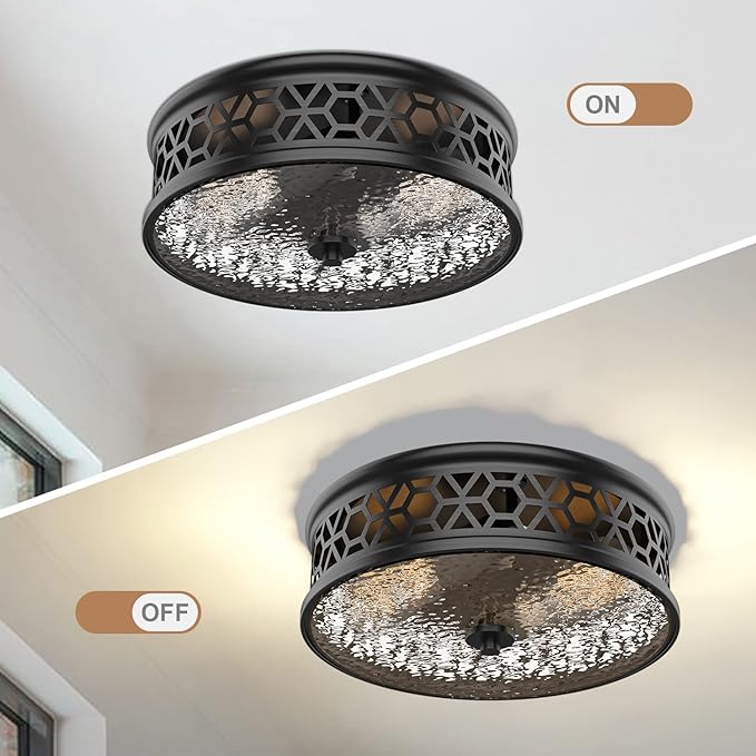 EAPUDUN Flush Mount Ceiling Light, 12 Inch 2 Light Vintage Ceiling Light with Rippled Glass, Black Ceiling Fixture for Hallway Corridor Kitchen Bathroom Bedroom Passway FMA1538-MBK