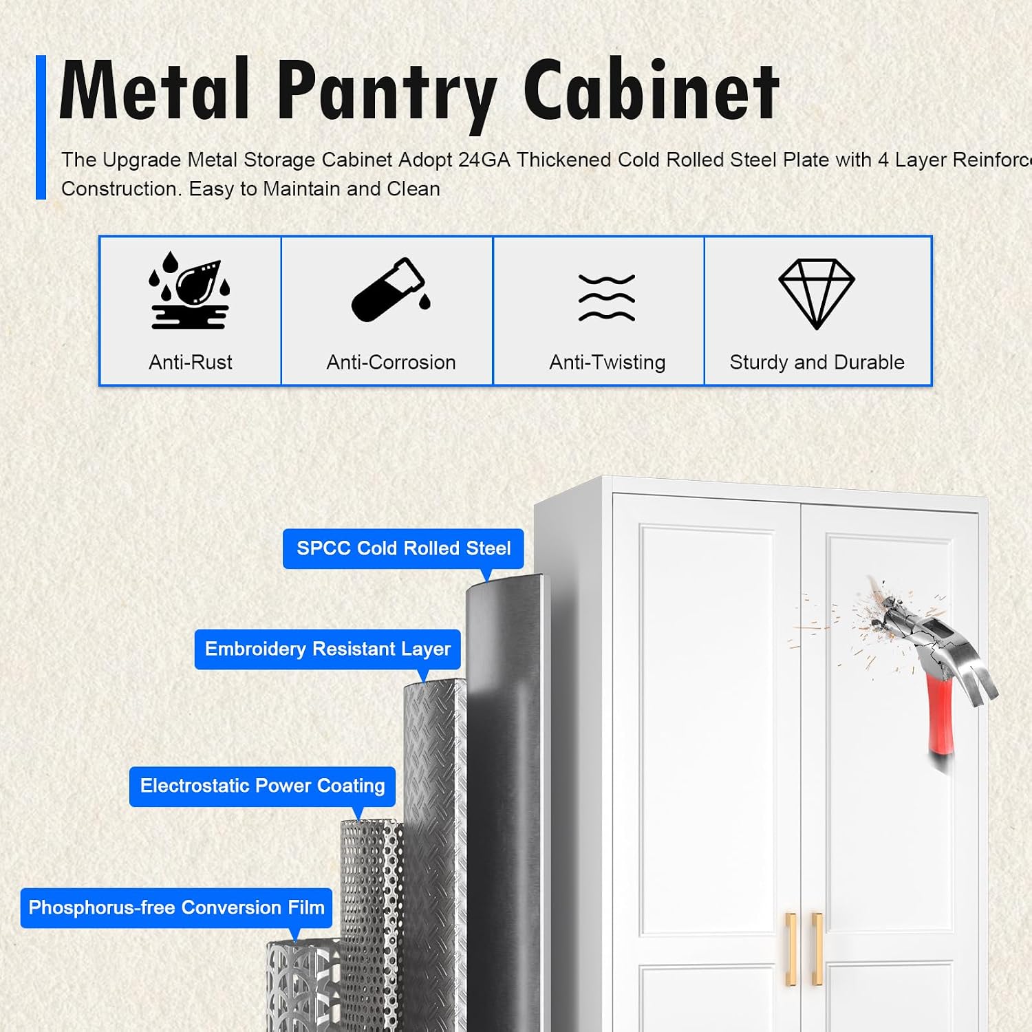 Polup 71" White Metal Kitchen Pantry Storage Cabinet with Doors and Shelves | Tall Freestanding Cupboard, 5-Tier Heavy Duty, 4 Adjustable Shelving, Gold Handles, for Garage, Dining Living Room, Office