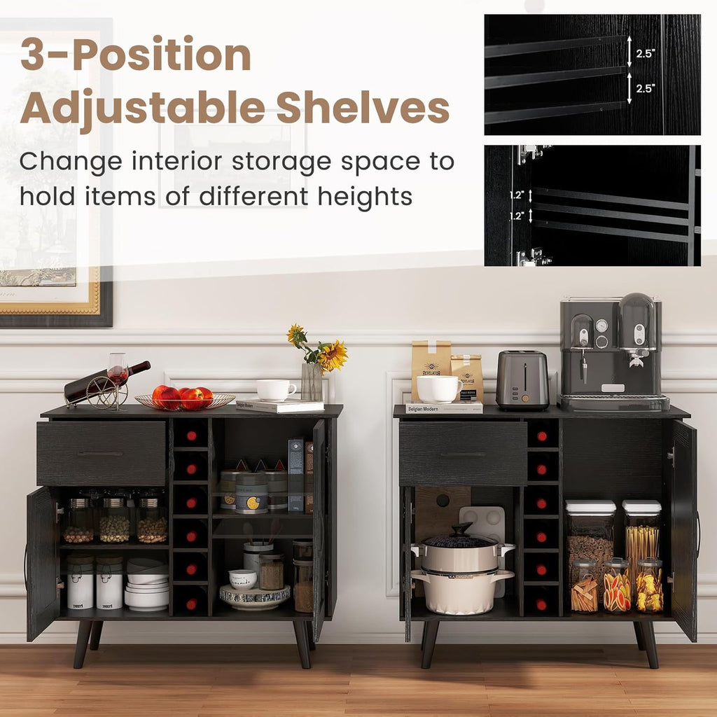 GOFLAME Wine Bar Cabinet, Buffet Sideboard with 2 Doors & 1 Drawer, 6-Bottle Wine Rack, Adjustable Shelves, Cupboard with Storage for Kitchen, Living Room, Black