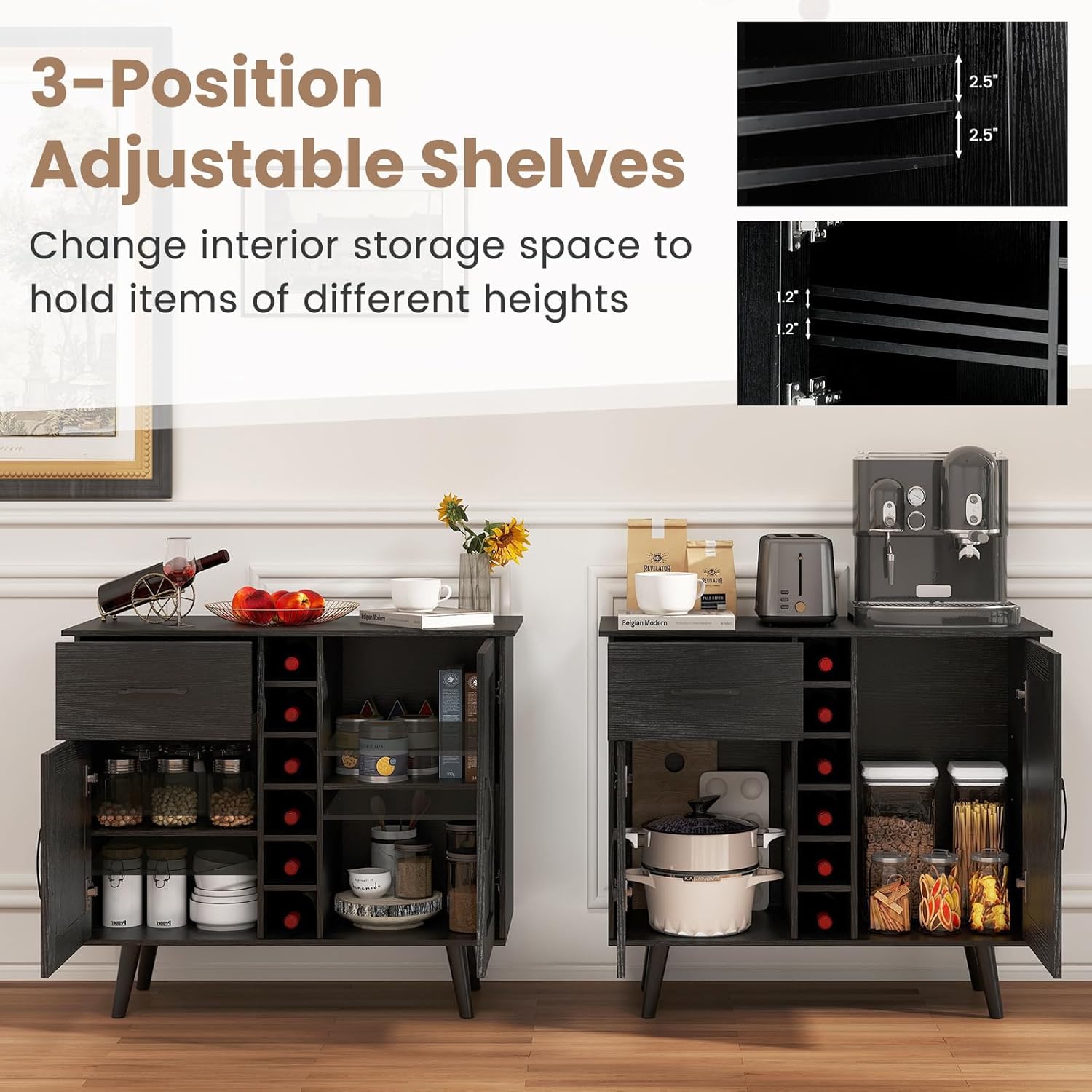 GOFLAME Wine Bar Cabinet, Buffet Sideboard with 2 Doors & 1 Drawer, 6-Bottle Wine Rack, Adjustable Shelves, Cupboard with Storage for Kitchen, Living Room, Black