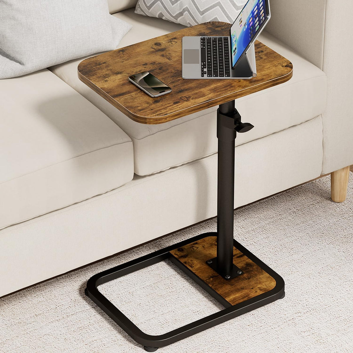 GOYLSER C-Shaped Tables Small Swivel End Table, Height Adjustable Side Tables Living Room, Rotating Snack Couch Wooden Tv Trays for Eating On Couch, Rustic Brown
