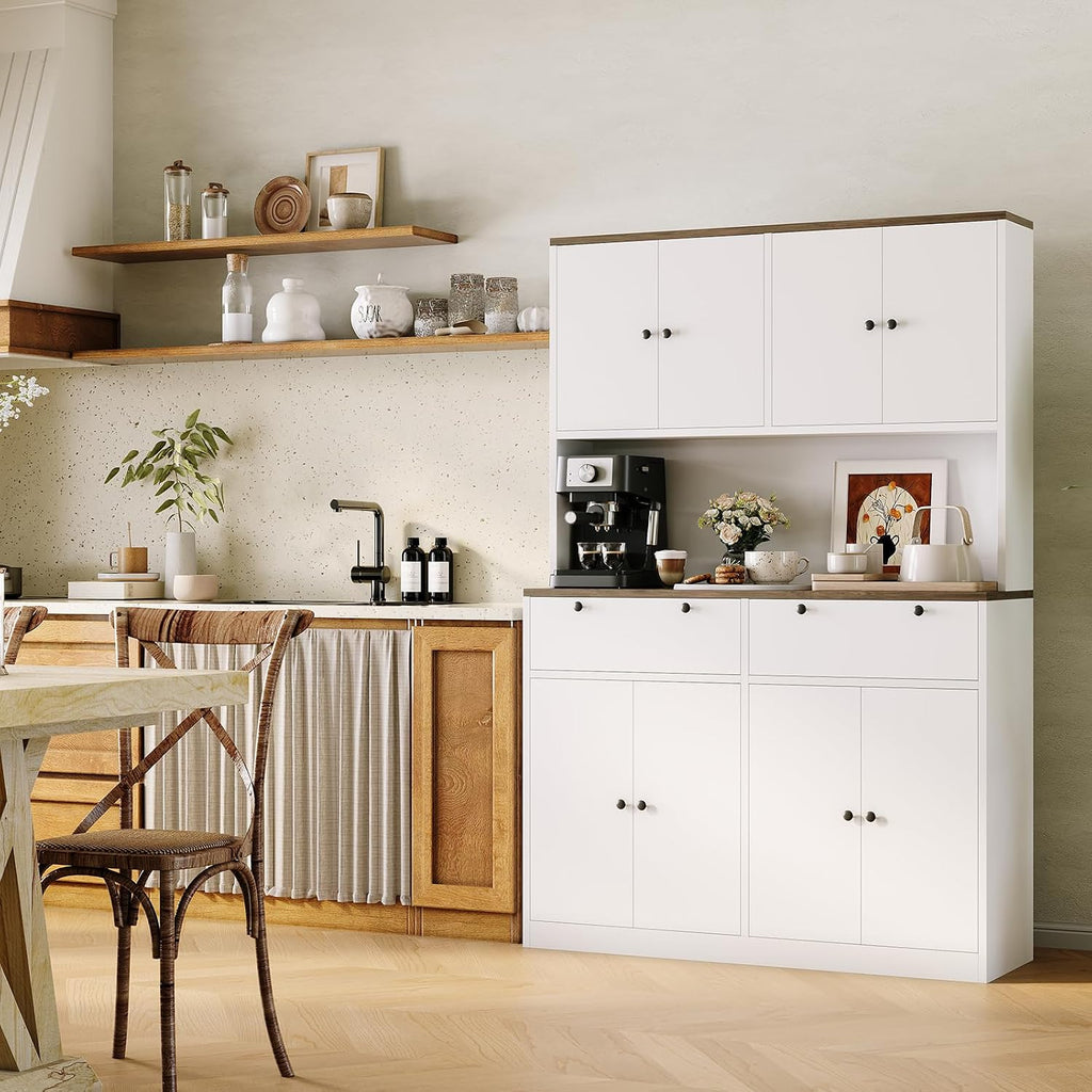 GarveeHome 71" Tall Kitchen Pantry Cabinet with Charing Station | 2 Drawers, 47" w Kitchen Pantry Storage Cabinet with Countertop, Food Hutch with Microwave Stand for Dining Room Living Room