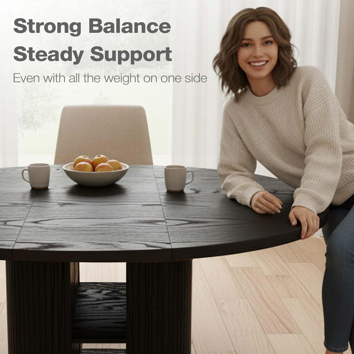 43.3''–59'' Extendable Round Dining Table for 4–8, Modern Wood Oval Kitchen Table with Storage Shelf, Space-Saving Expandable Circle Dinner Table for Dining Room or Living Room (Black)