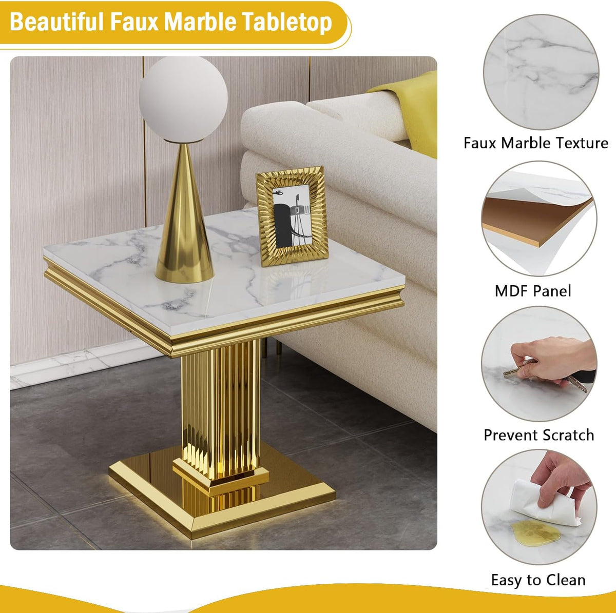 Henf 23in Square End Table Faux Marble End Table with Pillar Stainless Steel Base, Night Table White Marble top Accent Sofa Side Table for Living Room Office, Luxury White&Gold End Side Table