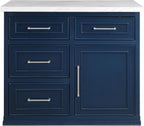 Crosley Furniture Cutler Faux Marble Top Kitchen Island with Storage, Breakfast Bar, Microwave Stand, Navy