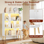 7-Cube Bookshelf with LED Lights, Touch & Remote Control, Freestanding Open Bookcase Storage Shelf, Dimmable Modern Wooden Display Organizer with Legs for Living Room, Bedroom, Office(White)