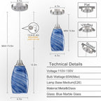 Mini Glass Pendant Light 1Pack Dark Blue Marble Art Glass Pendant Lights Kitchen Island Brushed Nickel Finish Hanging Light for Kitchen Over Sink,Dining Room,Foyer,Hallway