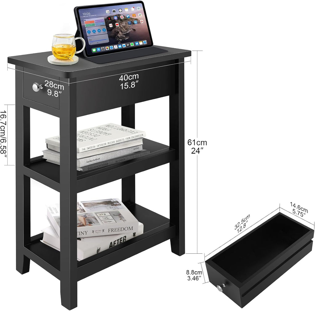 Homdox Narrow Side Table, 3 Tier Sofa End Table with Drawer and Shelf for Living Room, Wooden Nightstand with Storage for Small Spaces, Black