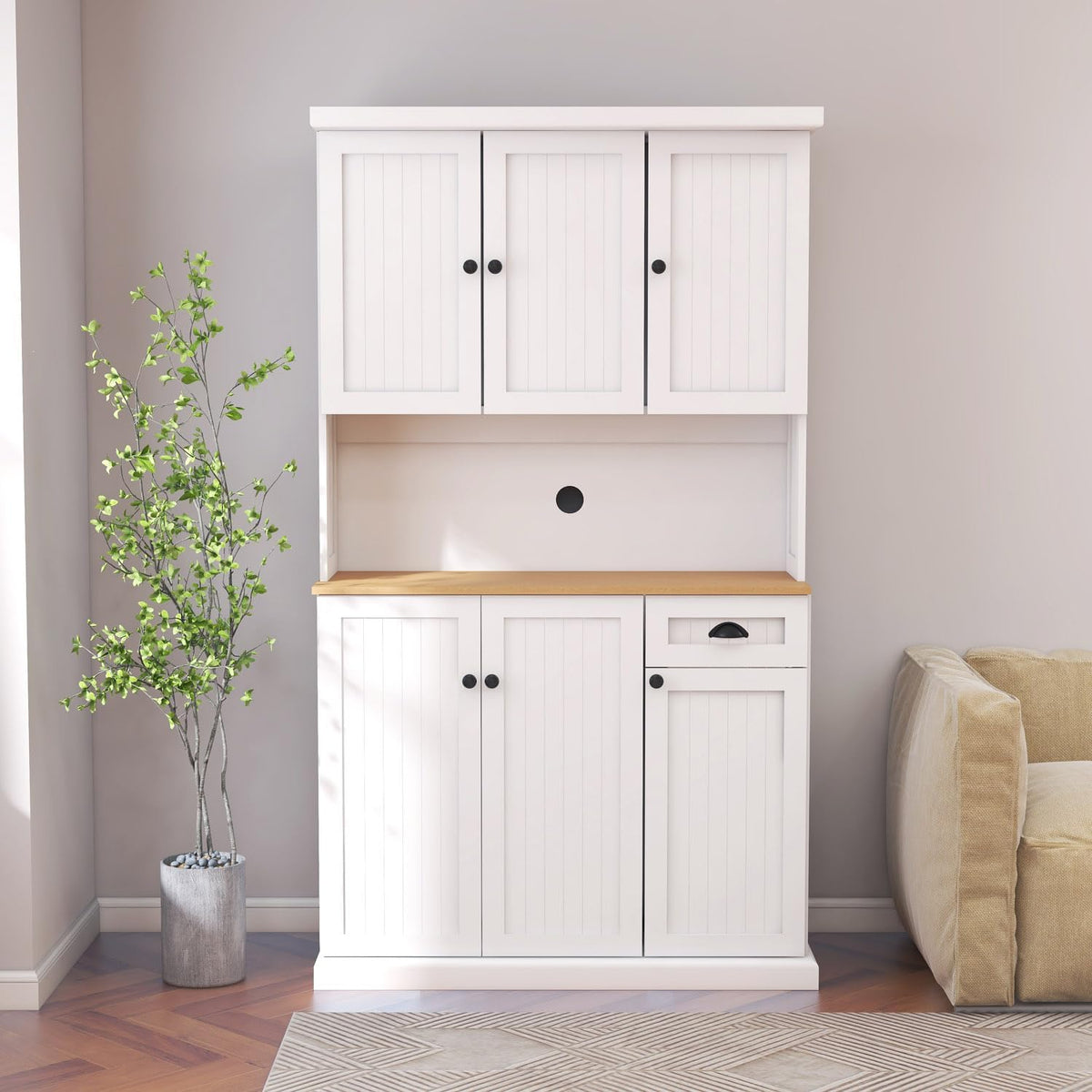 71'' Tall Kitchen Pantry Storage Cabinet with Storage, Kitchen Hutch Cabinets with Microwave Countertop, Kitchen Cupboard with Adjustable Shelves, Doors and Drawer (White A)